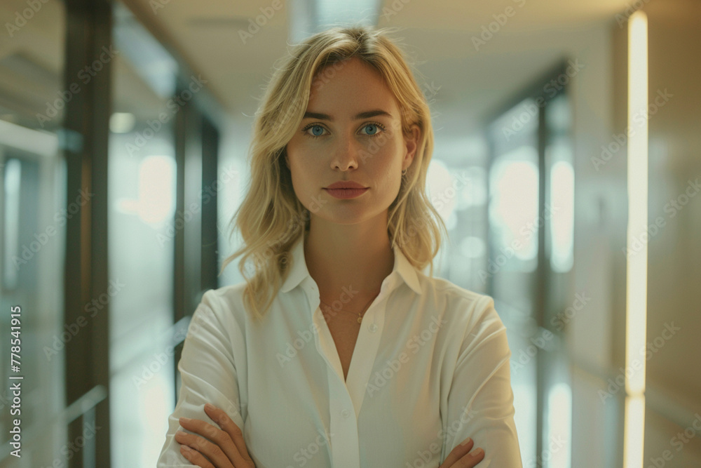 Obraz premium Close-up of blonde Argentine businesswoman in late 20s with arms crossed pausing in office hallway to look at camera