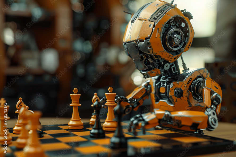 Close-up view of robot playing chess, selective focus