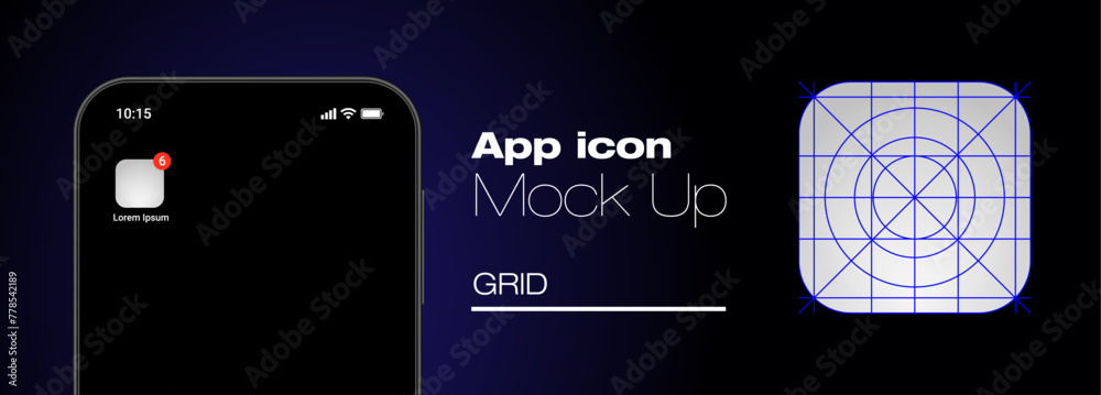 smartphone on black background high quality vector mockup. Phone frame with app icon template with guidelines for contemporary mobile operating system.