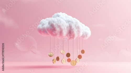 Illustration white cloud with hanging many coins concept on pastel background. AI generated