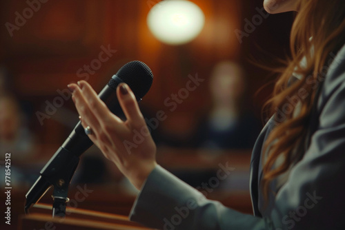 Cropped view of female politician gesturing, while speaking in microphone with blurred woman on background 