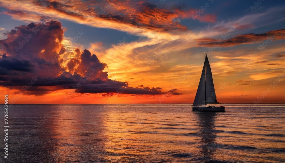 Serene seascape with a sailboat sailing into the sunset