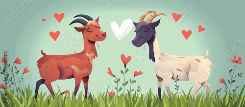 Two goats standing side by side in a grassy field, surrounded by hearts. A peaceful scene in a natural environment, showcasing the bond between animals and the beauty of the outdoors