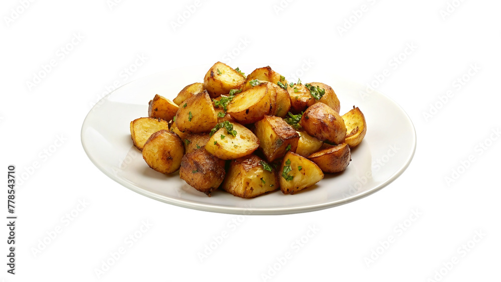 Roasted potato on white plate on transparent background. Roasted potato on white plate on transparent background.