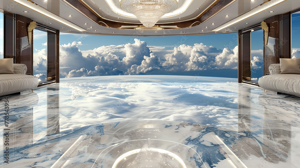A marble floor in a luxury yacht's main saloon, designed to give guests the impression they are standing atop the earth. 32k, full ultra HD, high resolution - obrazy, fototapety, plakaty 
