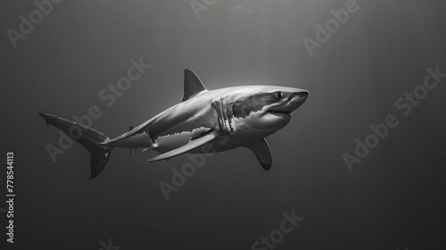 A majestic great white shark  gliding silently through the depths of the ocean with sleek and deadly grace.
