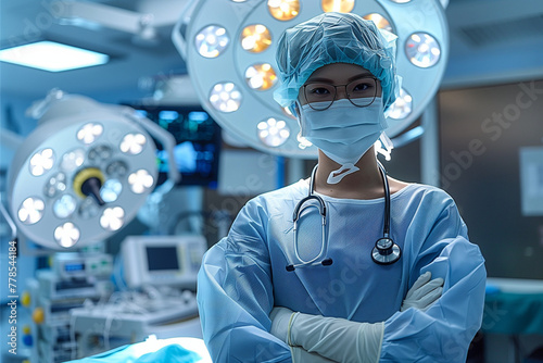 Asian female surgeons in Action: Empowering asian Women in Surgical Attire with bouffant cap, surgical Mask and Gloves. Empowering and diversity concepts. Image created with AI. photo