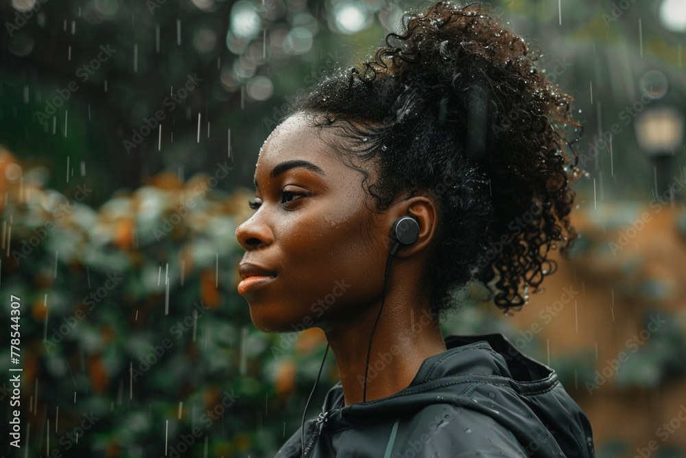 Shot of a fit young woman using wireless earphones during her workout on a rainy day outside