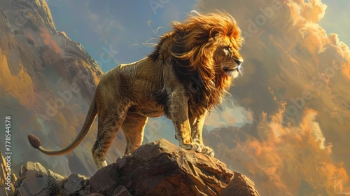 A majestic lion, its mane flowing in the wind as it surveys its territory from the vantage point of a rocky outcrop.