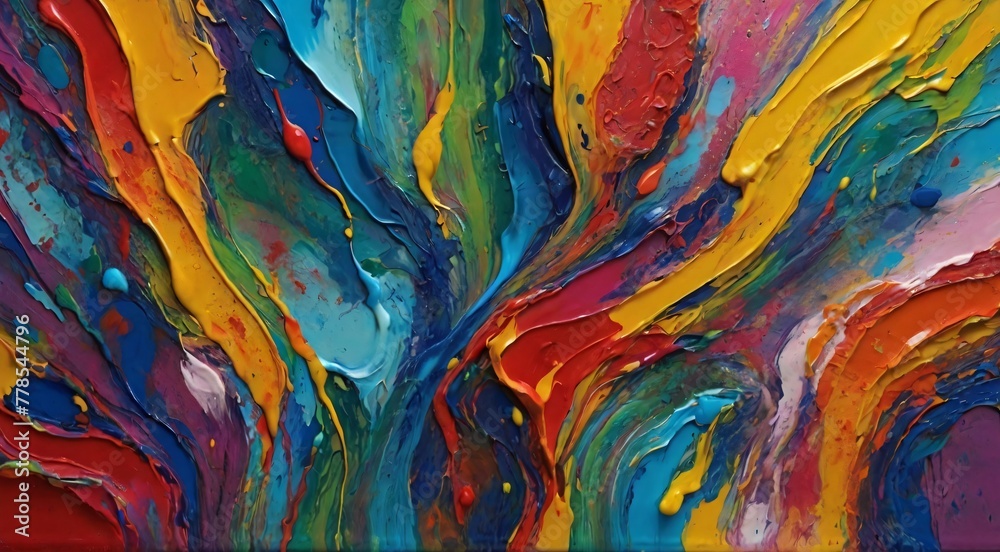 Abstract painting with thick layers of colorful paint creating a textured surface.

