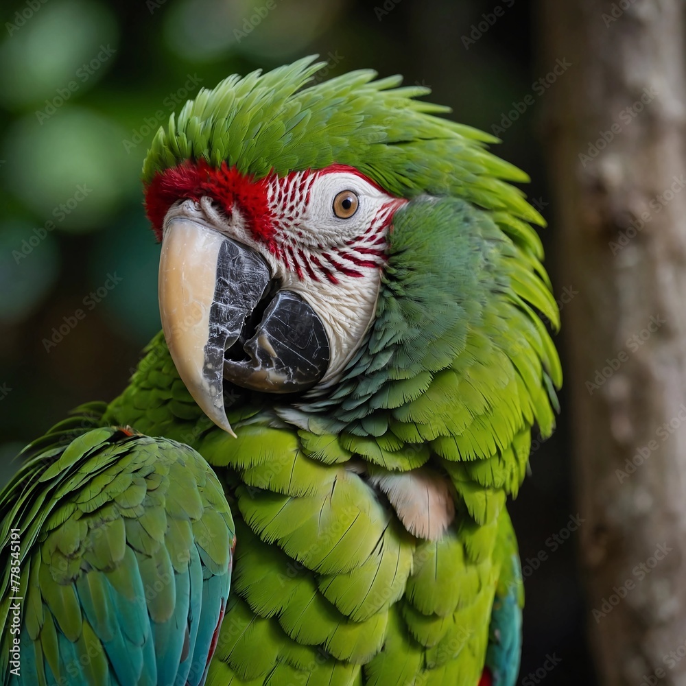 A close-up photo. Wild green macaw parrot, macaw parrot head, ararauna wild bird face, tropical exotic life. A close-up photo. Wild green macaw parrot, macaw parrot head, ararauna wild bird face, tropical exotic life.