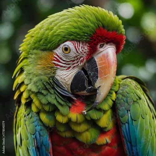 A close-up photo. Wild green macaw parrot, macaw parrot head, ararauna wild bird face, tropical exotic life. Generative AI