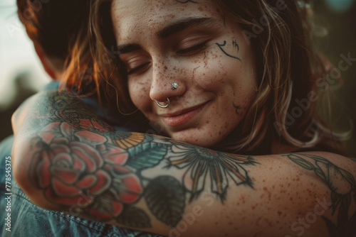 Young tattooed girl hugging her boyfriend