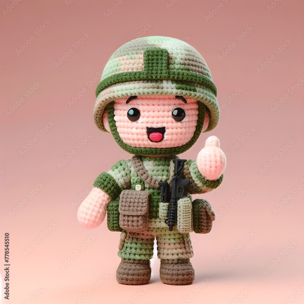 Ai Generated Crochet doll Army cute excited funny smiling wearing uniform and equipment, is standing. 3d render