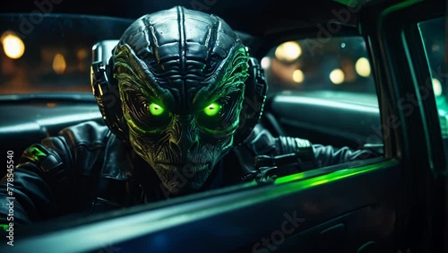 Scary alien in passenger seat green eye stare photo
