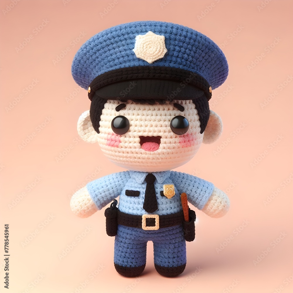 Ai Generated Crochet doll a Police cute excited funny smiling wearing uniform and equipment, is standing, 3d render Ai Generated Crochet doll a Police cute excited funny smiling wearing uniform and equipment, is standing, 3d render