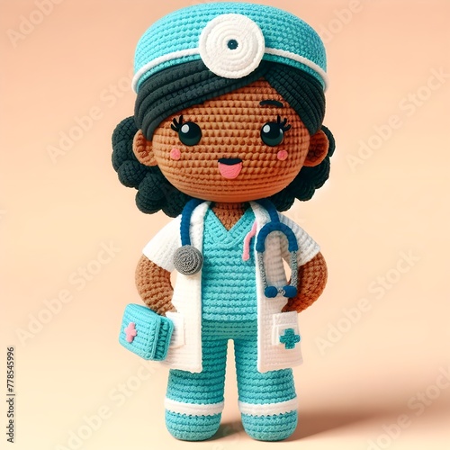 Ai Generated Crochet doll a doctor cute excited funny smiling wearing uniform and equipment, is standing, 3d render