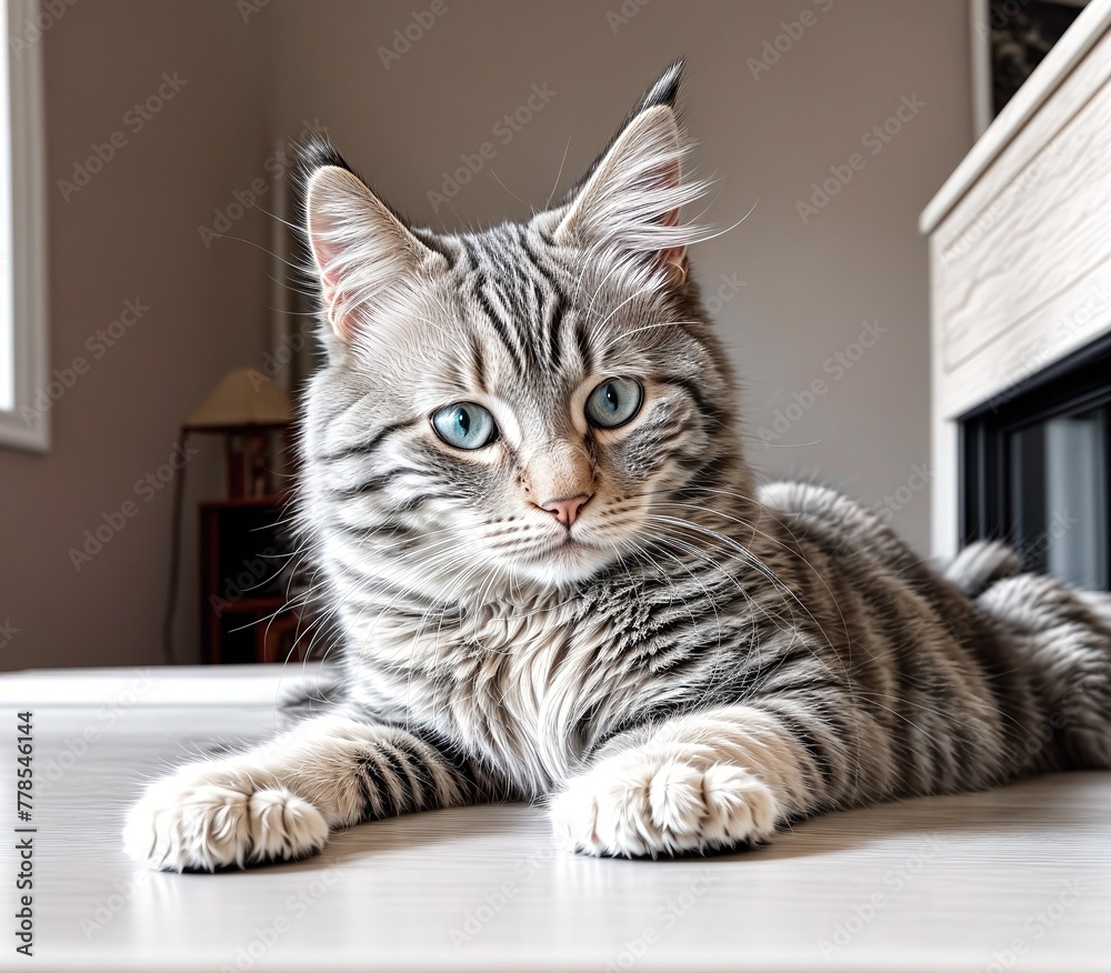 A grey and white cat lying on a wooden floor.