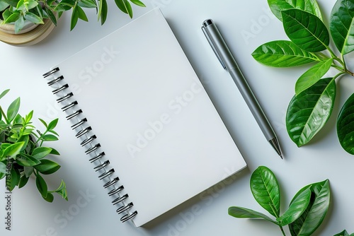 top view of spiral notebook, pen and plant on white background