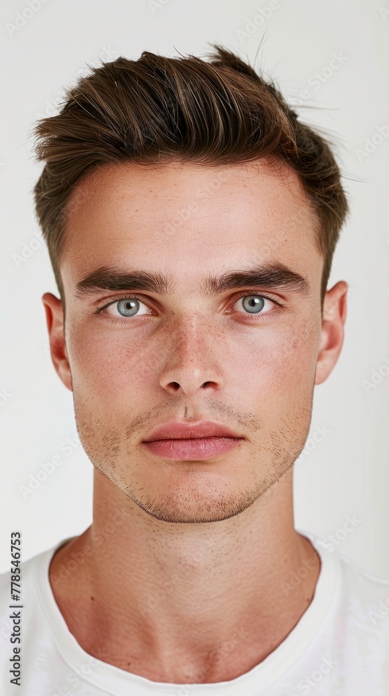 Obraz premium Confident Gaze: Portrait of a Young Man. Close-up of a young man with striking blue eyes and a trendy hairstyle against a light background.
