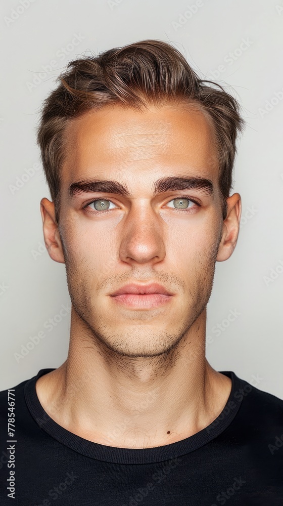 Obraz premium Modern Masculinity: Casual Male Portrait. Studio portrait of a young man with styled hair and a black shirt, exuding casual confidence.