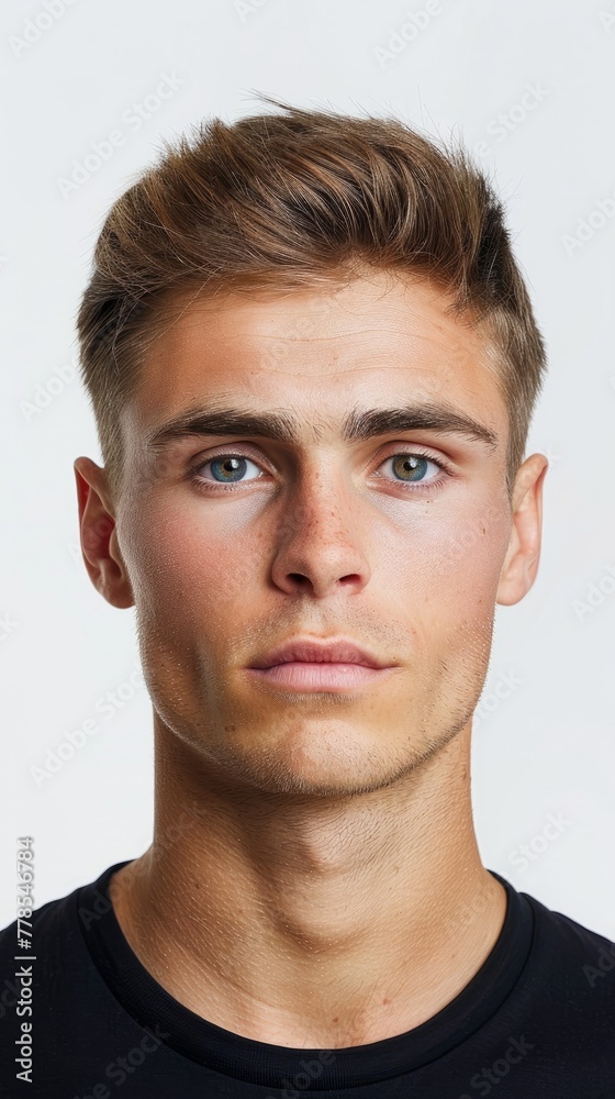 Obraz premium Modern Masculinity: Casual Male Portrait. Studio portrait of a young man with styled hair and a black shirt, exuding casual confidence.
