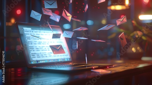 A creative concept depicting a laptop with a flurry of envelopes flying out of the screen