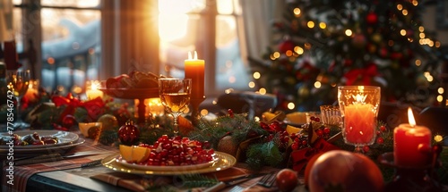 A cozy and inviting dining table laden with festive food and decorations