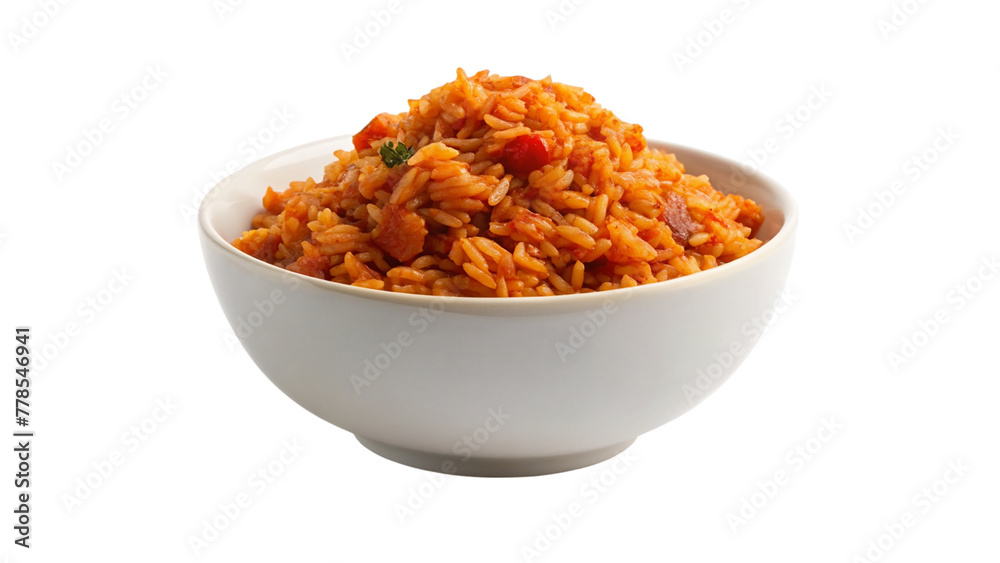 Mexican rice garnished with fresh parsley in white ceramic bowl on transparent background. Mexican rice garnished with fresh parsley in white ceramic bowl on transparent background.