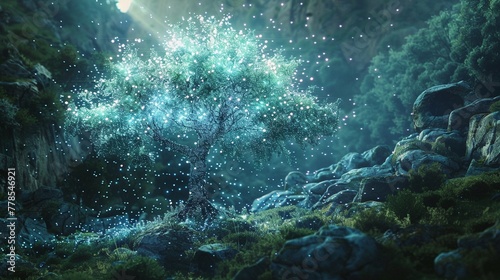 A tree made of sparkling digital connections stands amidst a mystical forest