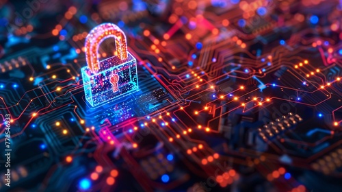 A vibrant padlock icon illuminates a circuit board