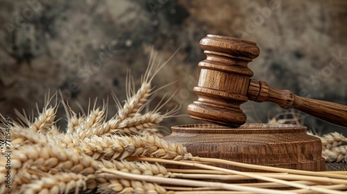 A wooden judges gavel resting on wheat ears against a rustic backdrop