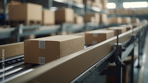 Cardboard boxes are transported on a conveyor belt in a modern warehouse