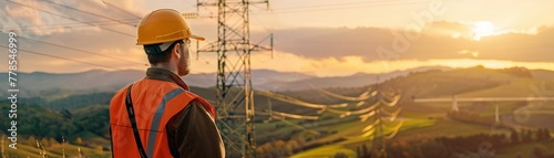 An electrical engineer wearing a hard hat surveys the expansive power grid in a vast rural landscape.