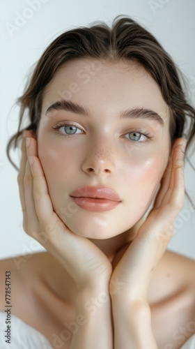 Serene Beauty - Pure Skincare Elegance. Close-up portrait of a woman with flawless skin and natural makeup.