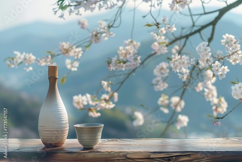 Elegant sake bottle and cup set against a backdrop of cherry blossoms and serene mountains.