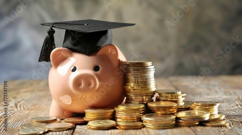 Saving for education concept with a piggy bank wearing a graduation cap beside a growing pile of gold coins.