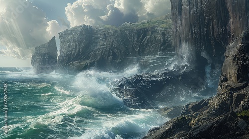 A rugged coastline battered by crashing waves, where towering cliffs rise defiantly from the foaming sea below.