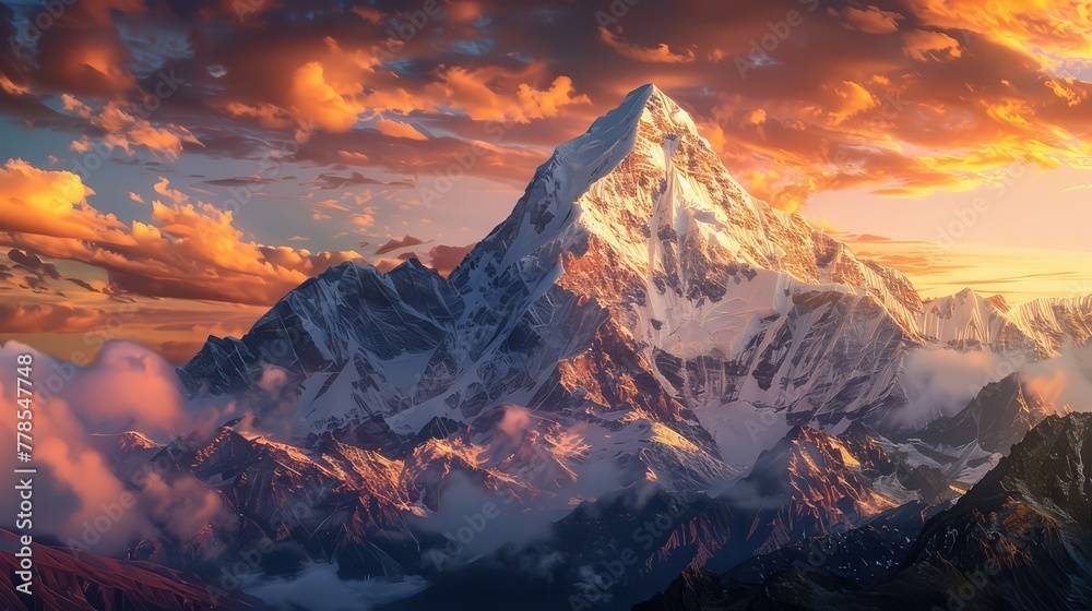 A rugged mountain peak bathed in the warm glow of dawn, its snow-capped summit towering majestically above the surrounding landscape.
