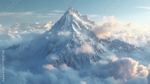 A rugged mountain peak piercing the clouds, its snow-capped summit a symbol of the untamed beauty of the natural world.