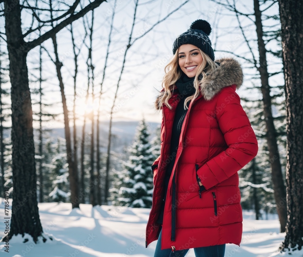 A woman standing in the snow wearing a red parka, black pants, and black boots. A woman standing in the snow wearing a red parka, black pants, and black boots.