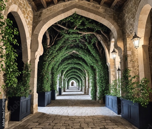 A long  winding walkway lined with arches made of stone.