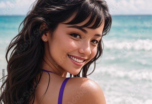 A young woman with long, curly hair wearing a bikini and standing on the beach.