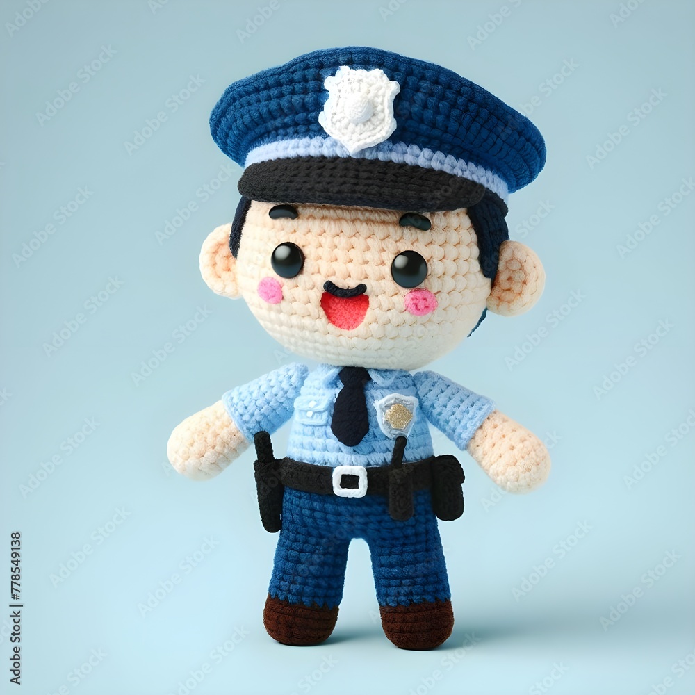 Ai Generated Crochet doll a Police cute excited funny smiling wearing uniform and equipment, is standing, 3d render Ai Generated Crochet doll a Police cute excited funny smiling wearing uniform and equipment, is standing, 3d render