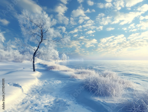 Cinematischer Strand im Winter mit Schnee photo