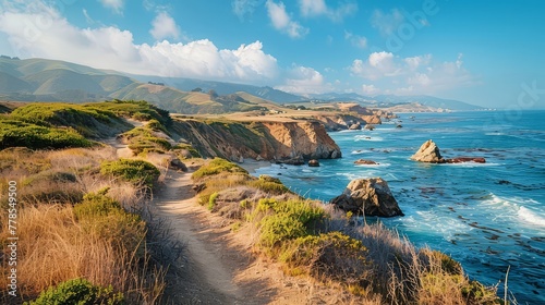 A scenic coastal hike along rugged cliffs and sandy shores, with hikers traversing picturesque trails and soaking in the breathtaking views of the ocean landscape. photo