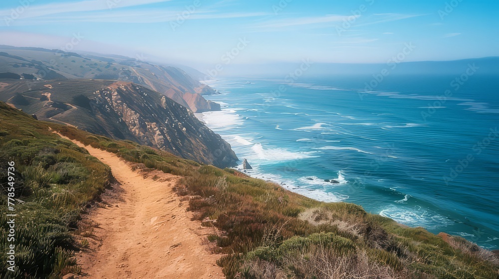 A scenic coastal running path, winding along cliffs and beaches with panoramic views of the ocean stretching to the horizon.