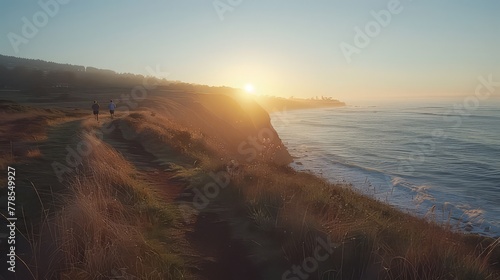 A scenic coastal trail run at sunrise, with joggers embracing the tranquility of the early morning hours and the breathtaking views of the ocean horizon.