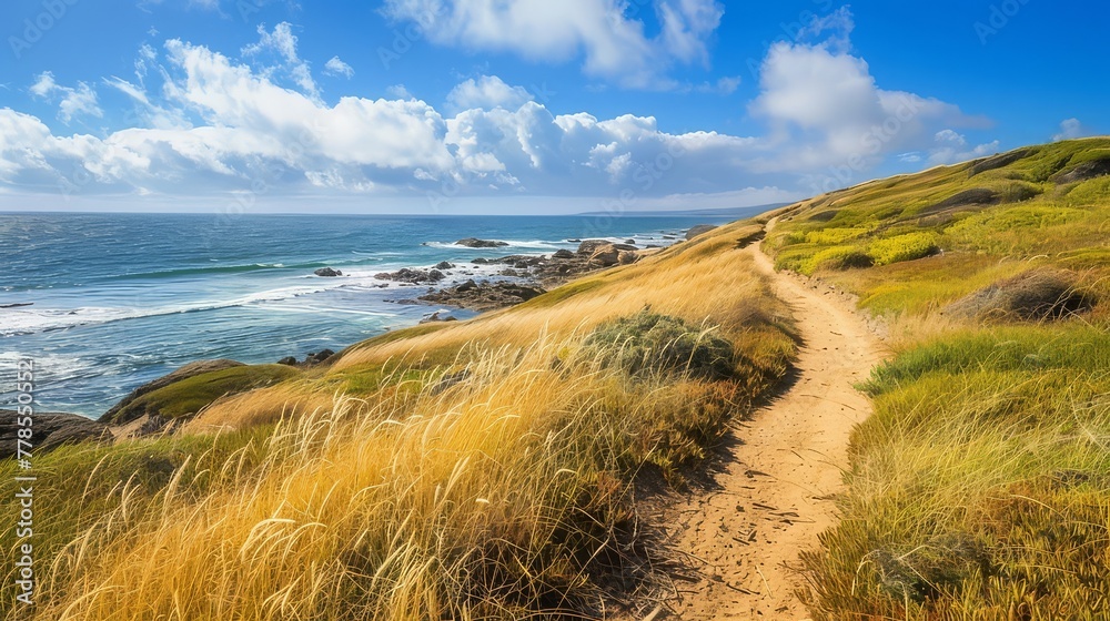 A scenic coastal trail, winding through sand dunes and rocky outcrops with panoramic views of the ocean stretching to the horizon.