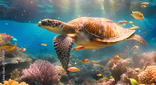 Turtle with Colorful tropical fish and animal sea life in the coral reef animals of the underwater sea world photo